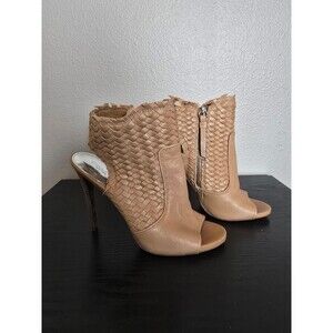 Coach Julie woven tan leather peep‎ toe stiletto bootie women's size 7.5